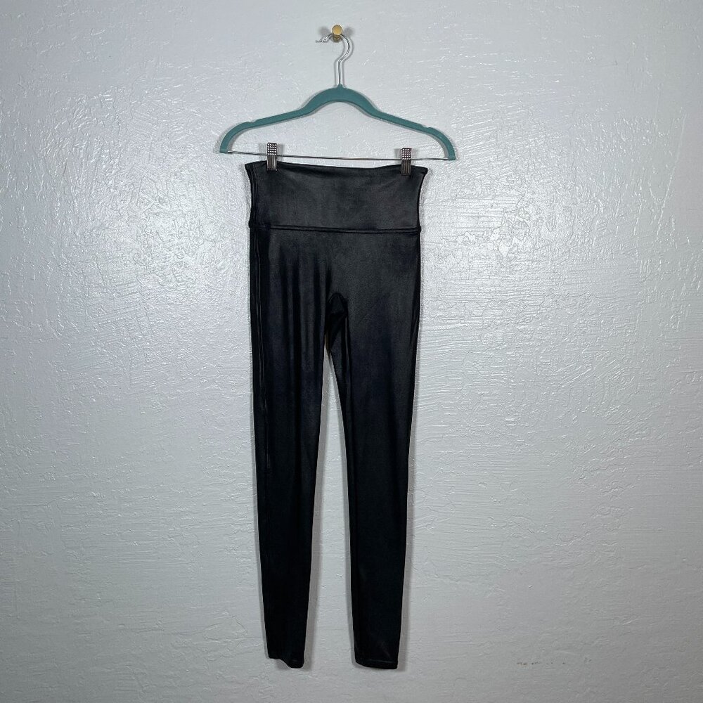Spanx Women M Black Faux Leather Mid-Rise Shine Ankle Leggings Shaping